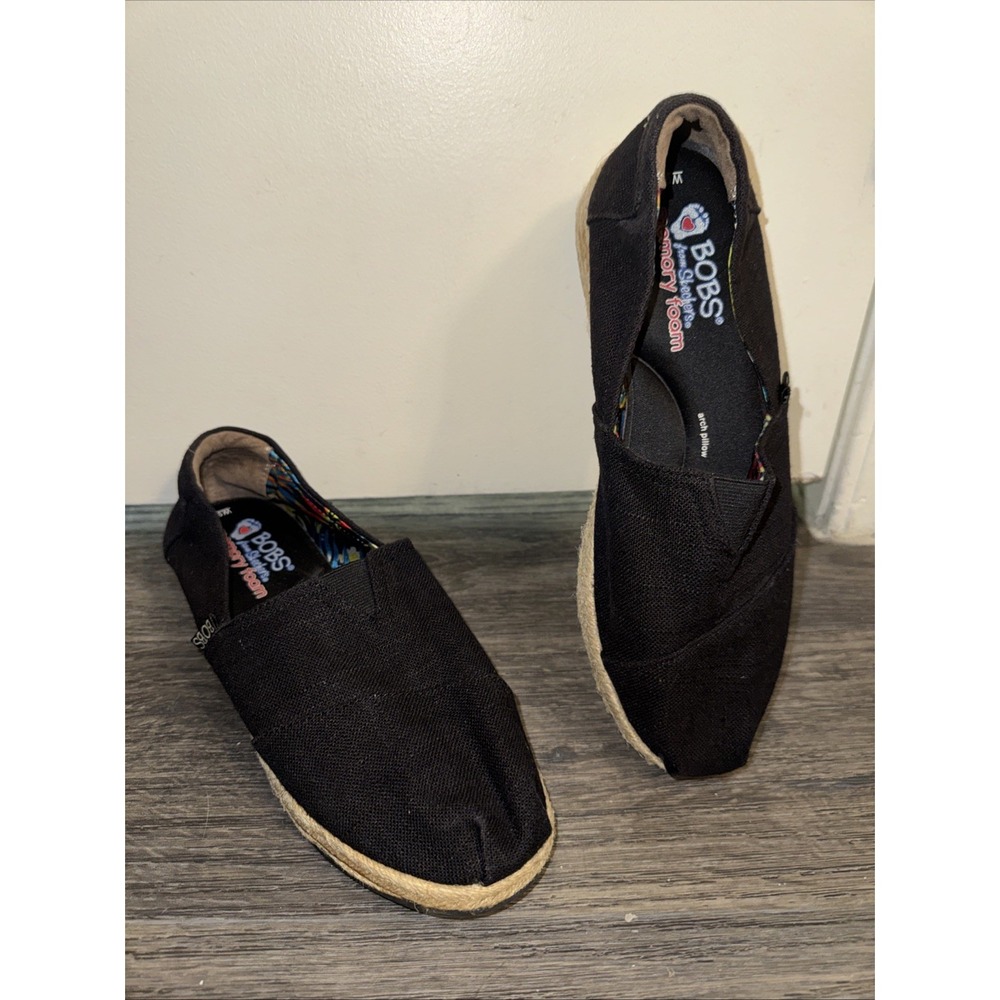 Skechers BOBS Highlights High Jinx Espadrille Wedge Black Canvas Shoes Womens